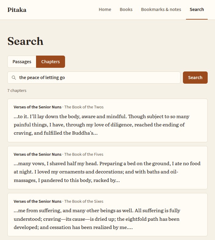 Chapter search for the peace of letting go, listing seven chapters of the Therīgāthā with a preview of the passage that matched