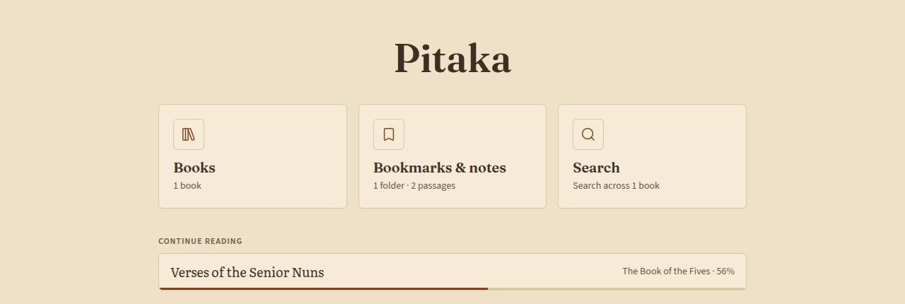 The Home screen with a Continue reading row showing Verses of the Senior Nuns, The Book of the Fives, 56%, with a progress bar