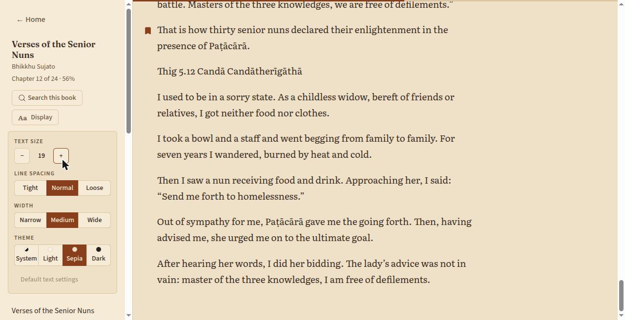 The reader in the sepia theme, with the Display settings open beside the chapter list and the sidebar showing Chapter 12 of 24, 56%