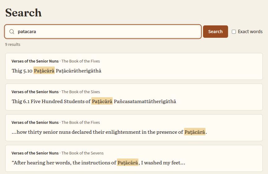 Search results for patacara, with the name highlighted in each passage